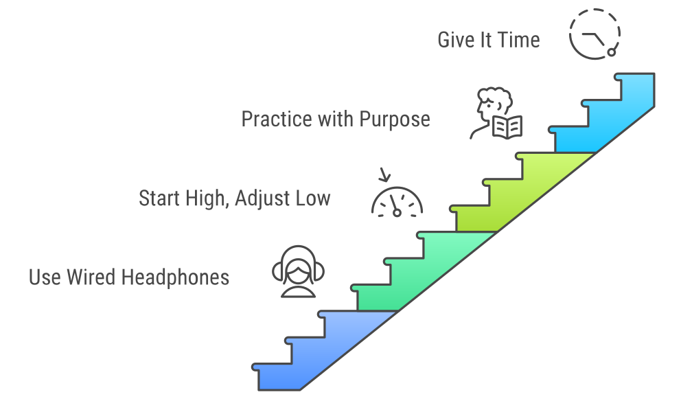 Infographic: practical tips for using DAF: use wired headphones, start around 150ms, practice with reading exercises