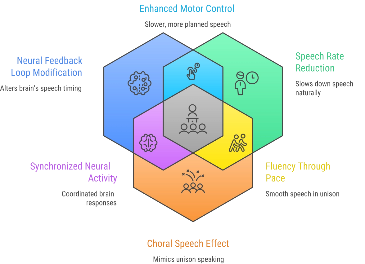 Mechanism chart: DAF, neural timing, speech rate, and choral-speech.