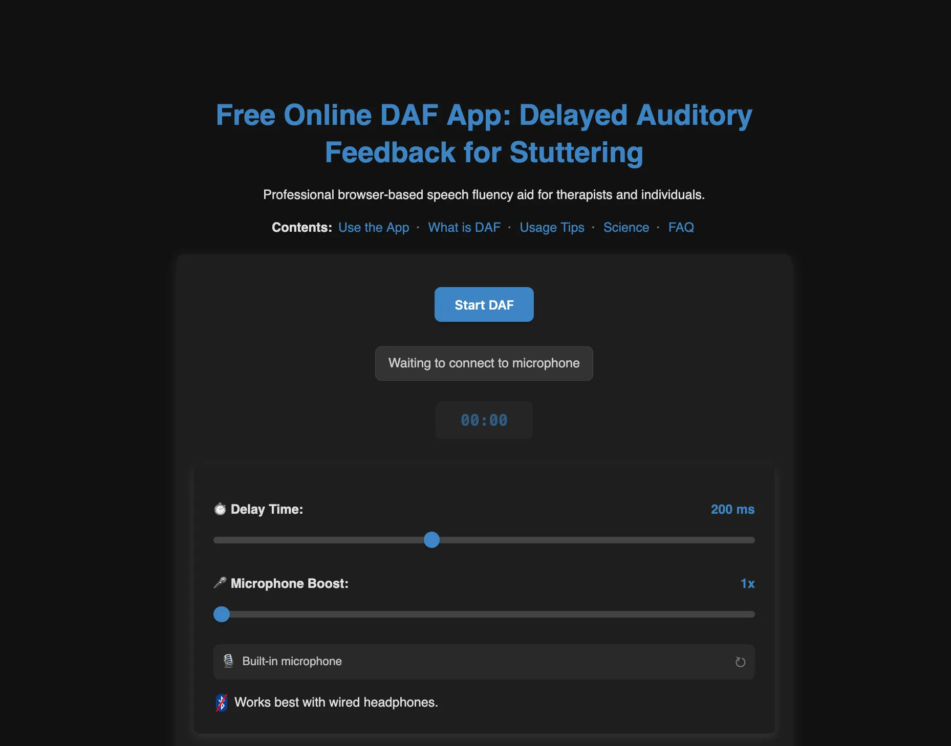 The DAF Online interface featuring a clean, minimalist design with a central 'Start' button and a delay slider.
