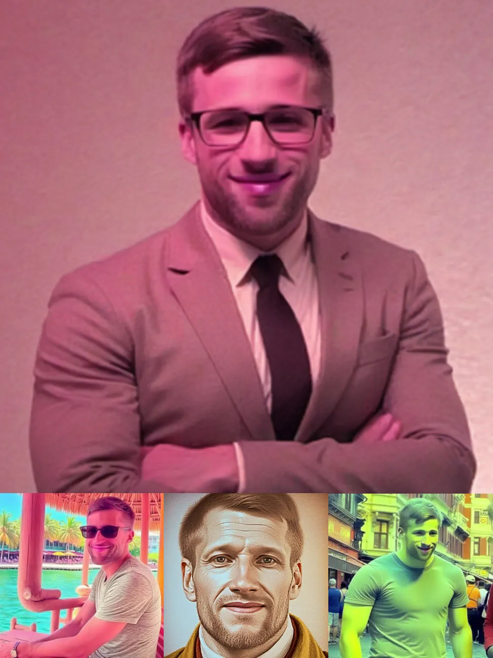 Skin tone discoloration and hue jitter artifacts caused by classical color augmentations.